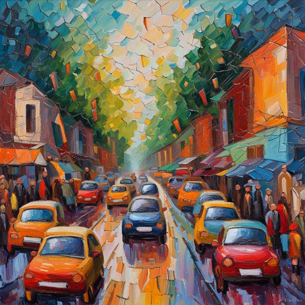 Colorful Impressionist Street Scene with Cars