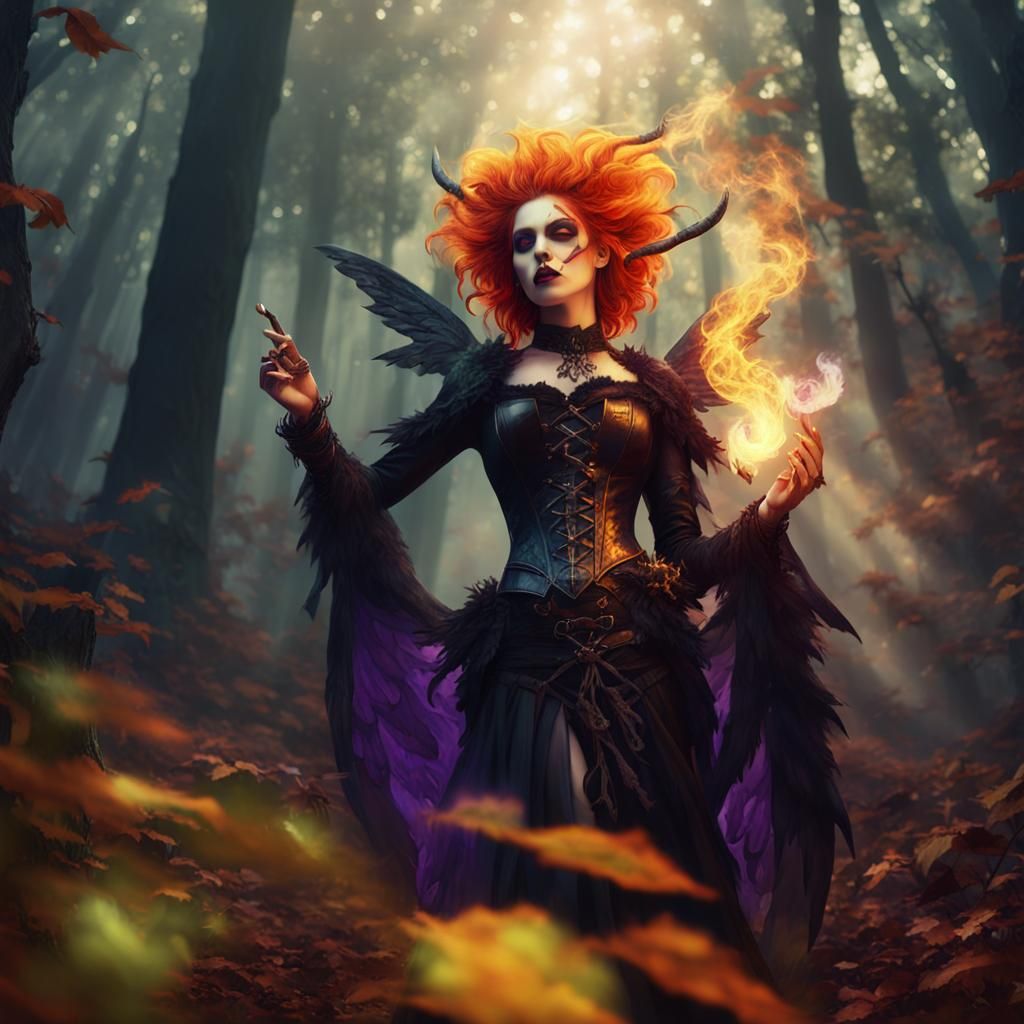 Gothic Fire Angel in Mystical Forest Concept Art