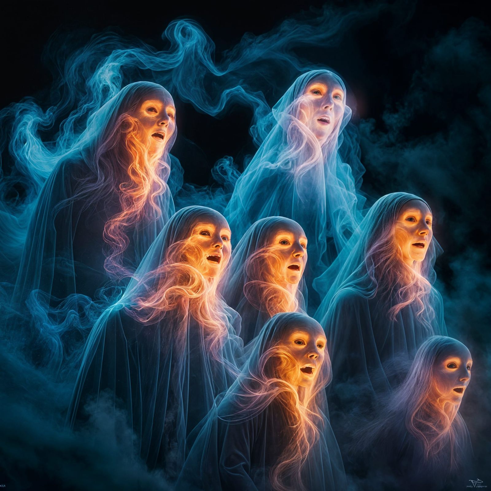 Electric Blue Ghost Spirits in Psychedelic Aurora