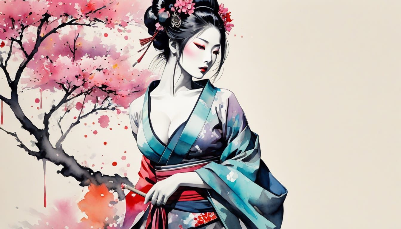 Elegant Geisha in Cherry Blossom Bloom