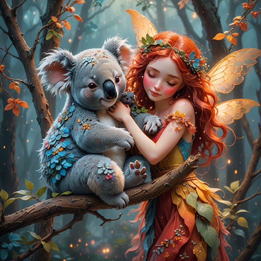 Whimsical Fairy Hugs Koala in Enchanted Winter Wonderland
