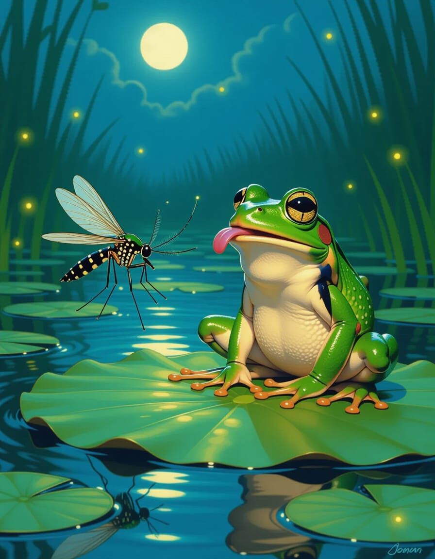 Frog's Lightning Strike Aimed at Mosquito in Swampy Pond