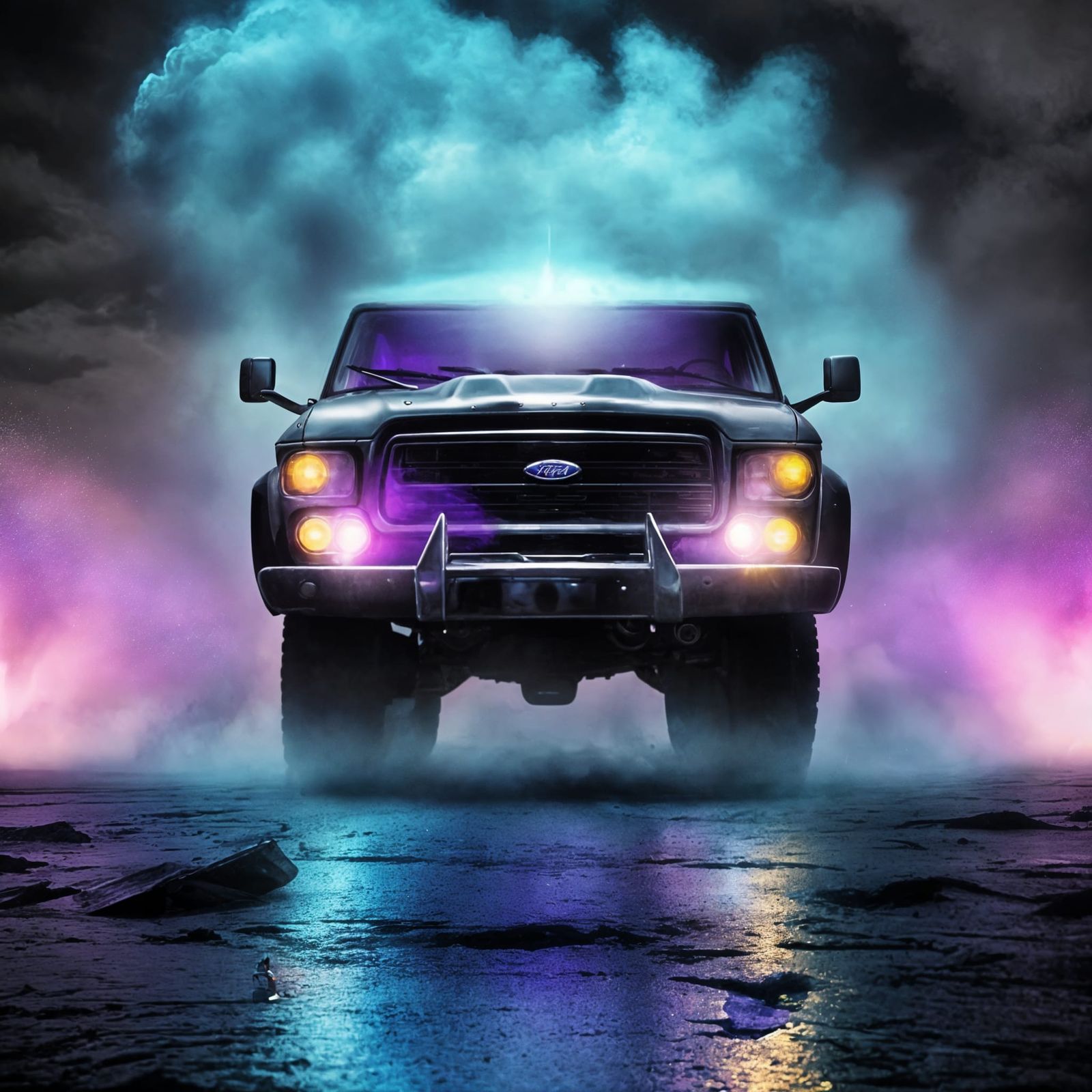 Vintage Chrome Ford F100 Silhouetted Against a Vibrant Explo...