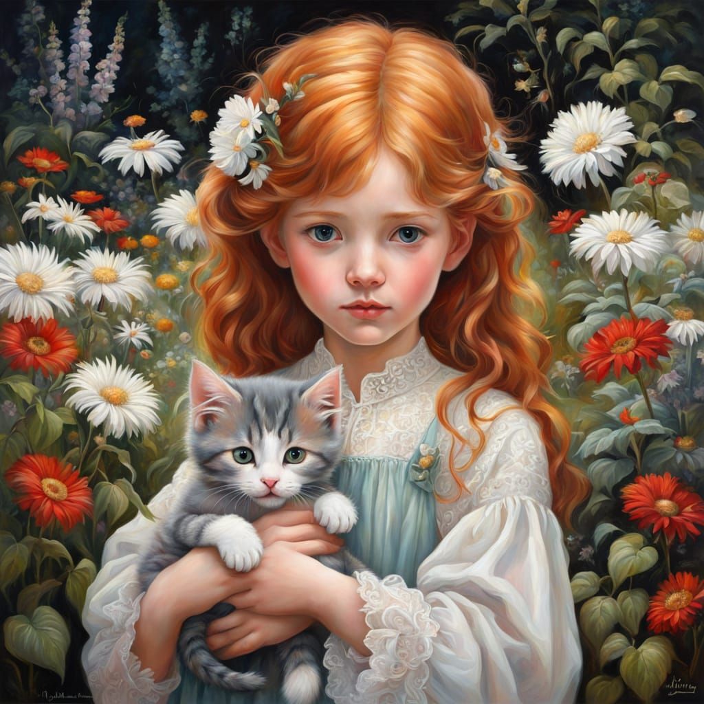 Child with Kitten in Flower Garden Oil Painting
