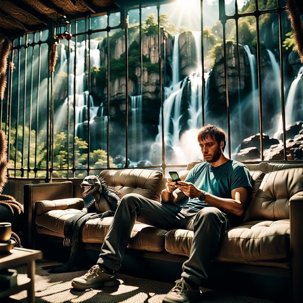 Man in Cage, Wilderness Outside, Cinematic Still