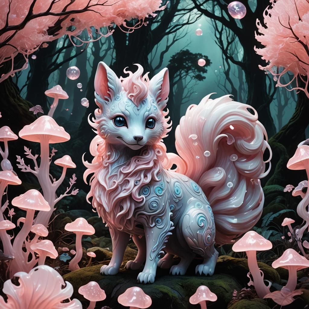Bioluminescent Porcelain Vulpix in Mystical Forest