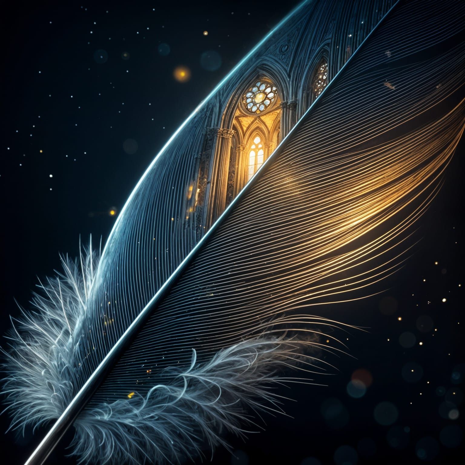 Gothic Cathedral Bird Feather in Macro Surrealism