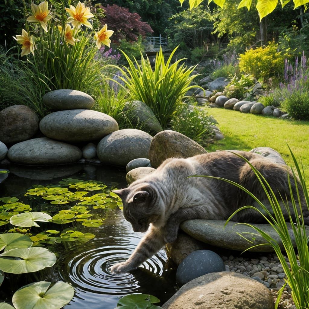 Siamese Cat Touches Pond in Sunny Garden