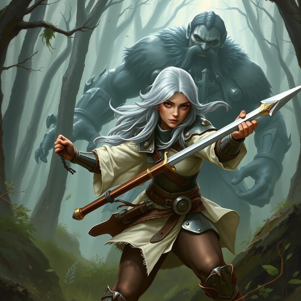 Sensual Gnome Warrior Hunts Giant in Misty Forest, in Fantas...