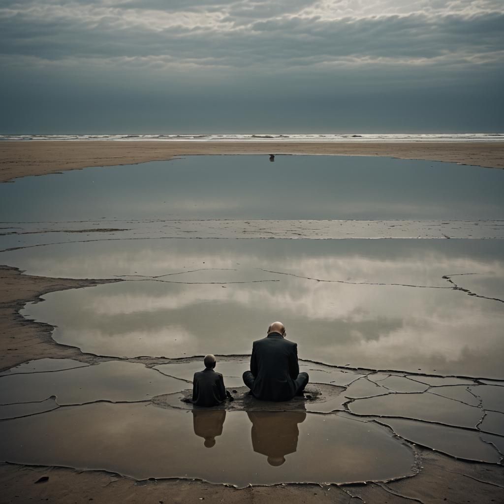 Melancholic Surrealism: Man and Alien on Desolate Beach