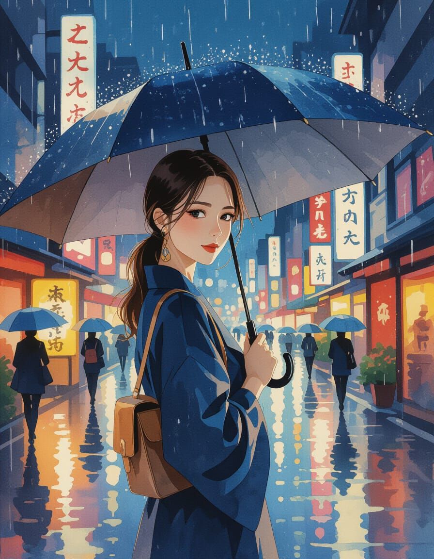 Japanese Business Lady in Rainy Tokio Night Portrait