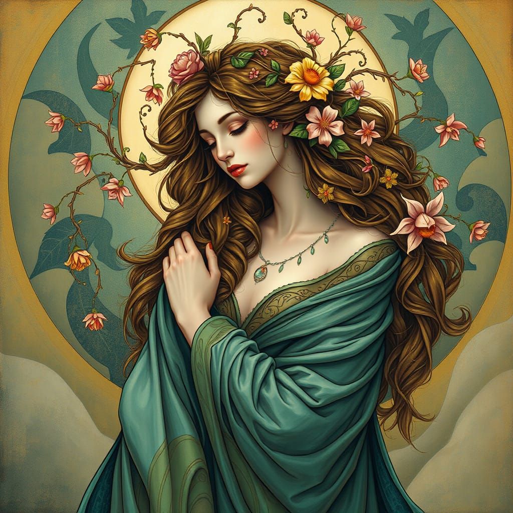 Dreamlike Art Nouveau Goddess with Floral Adornments