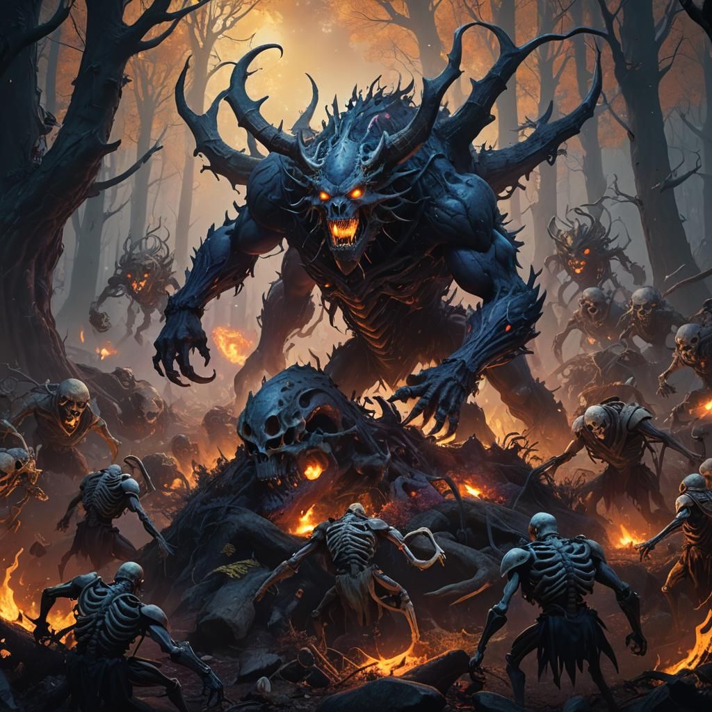 Epic One-Eyed Beast Battles Skeletons in Mystic Forest