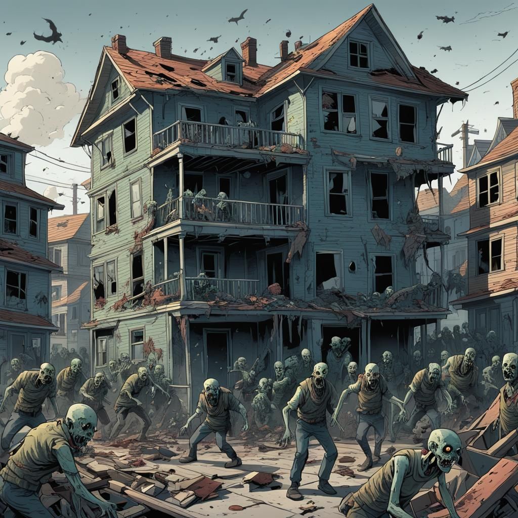 Zombie Army Invades Home in Comic Style Illustration