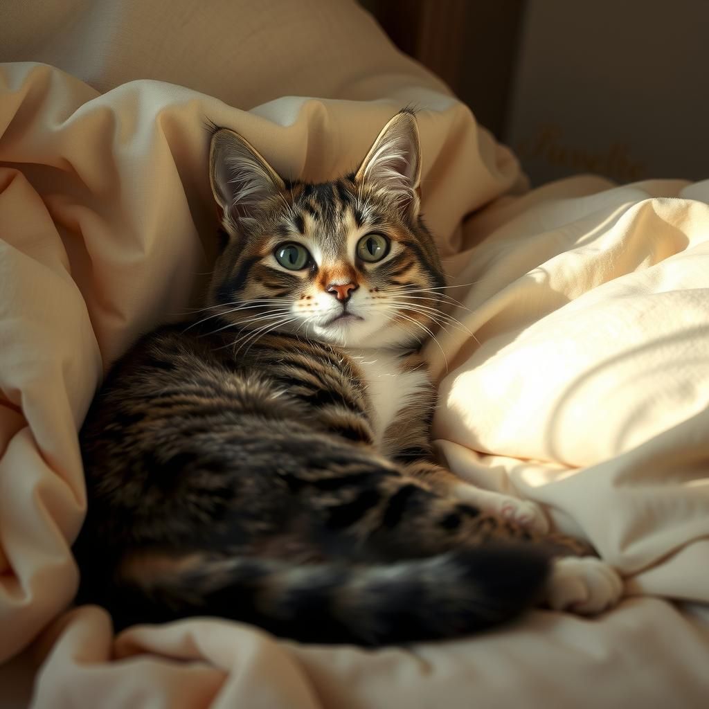 Realistic Tabby Cat on Bed in Soft Light