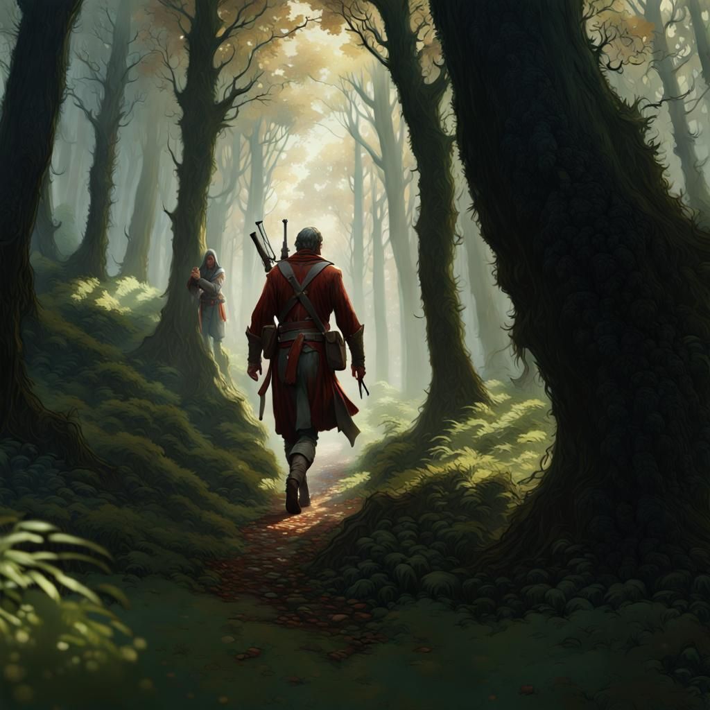 Assassin in Forest Clearing: Detailed Matte Painting
