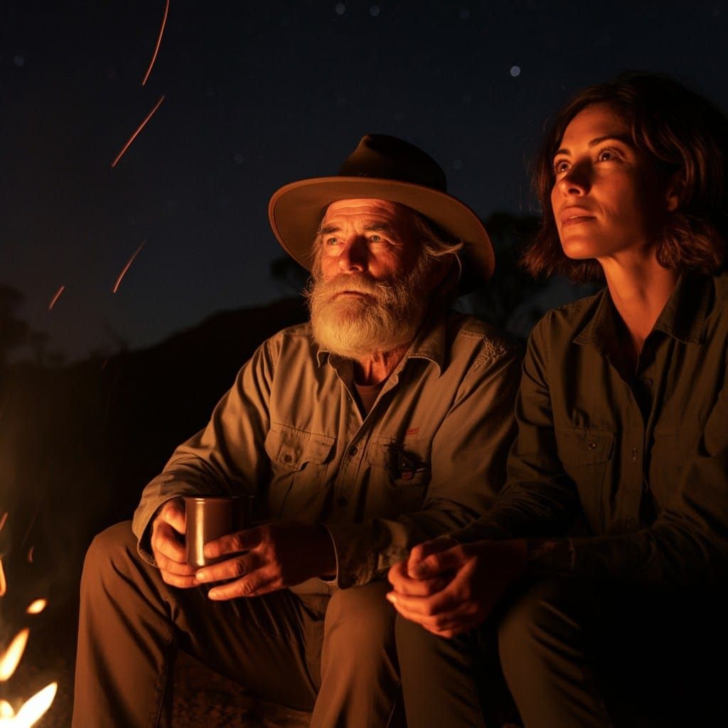 Geologist and Woman by Campfire Under Starry Sky