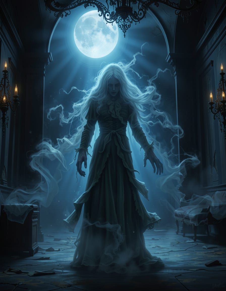 Gothic Ghost Haunting Dilapidated Mansion in Moonlight