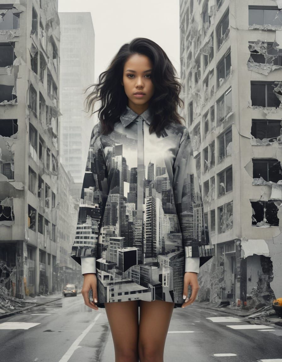 Brutalist Downtown Collage with Fragmented Double Exposure