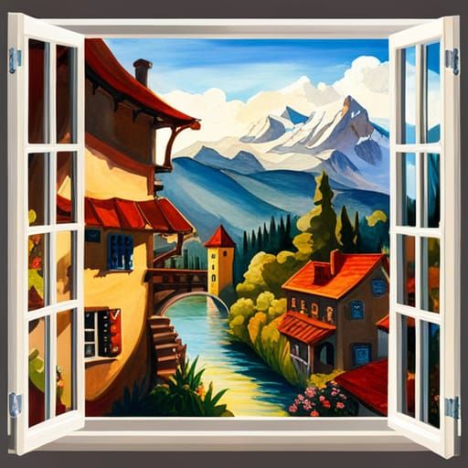 Medieval Village View Through Window in Gouache Style