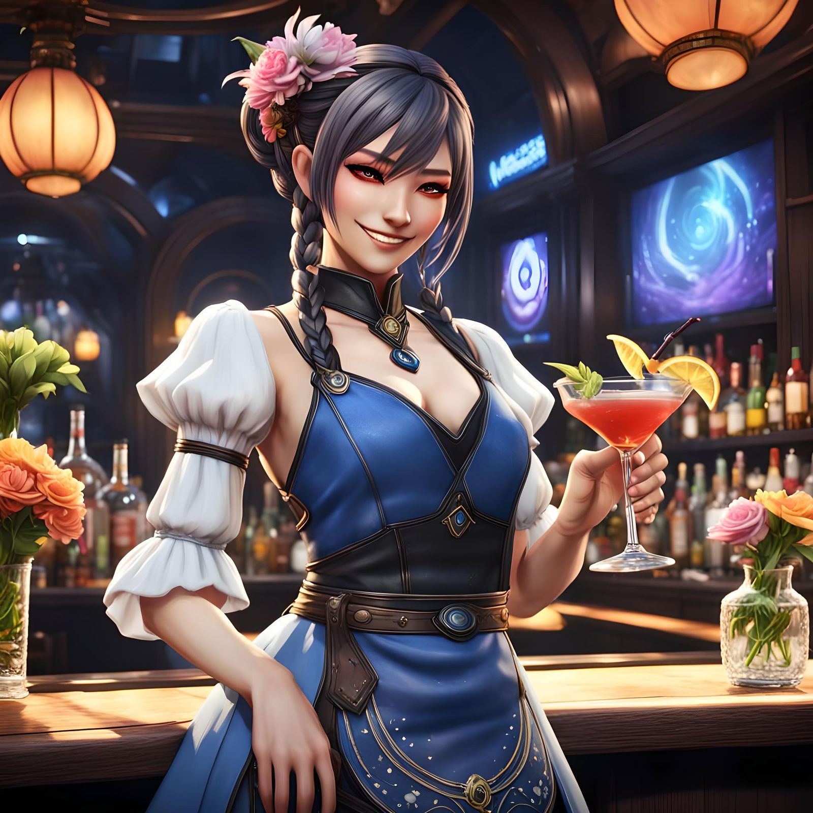 Fantasy Bartender Offering Colorful Cocktail in Sci-Fi Bar
