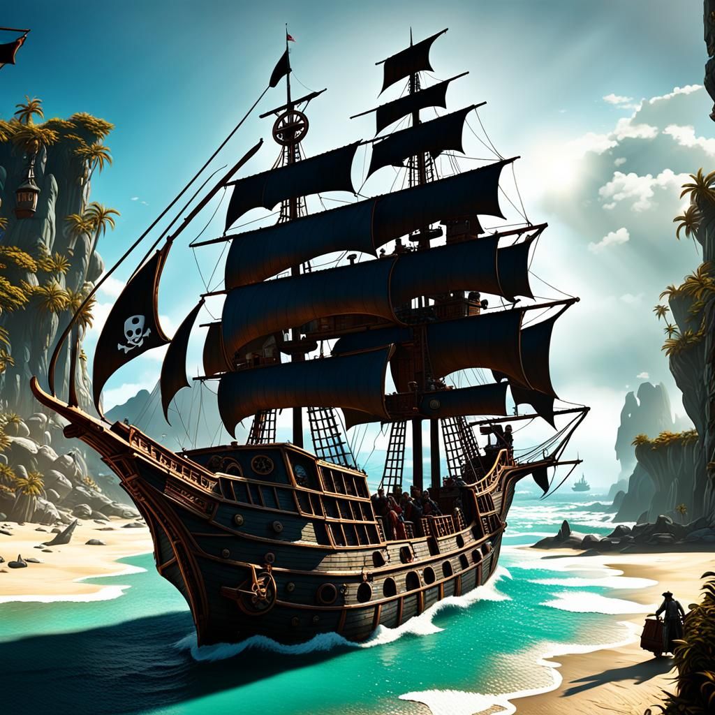 Pirate Ship on Beach: Detailed Matte Painting