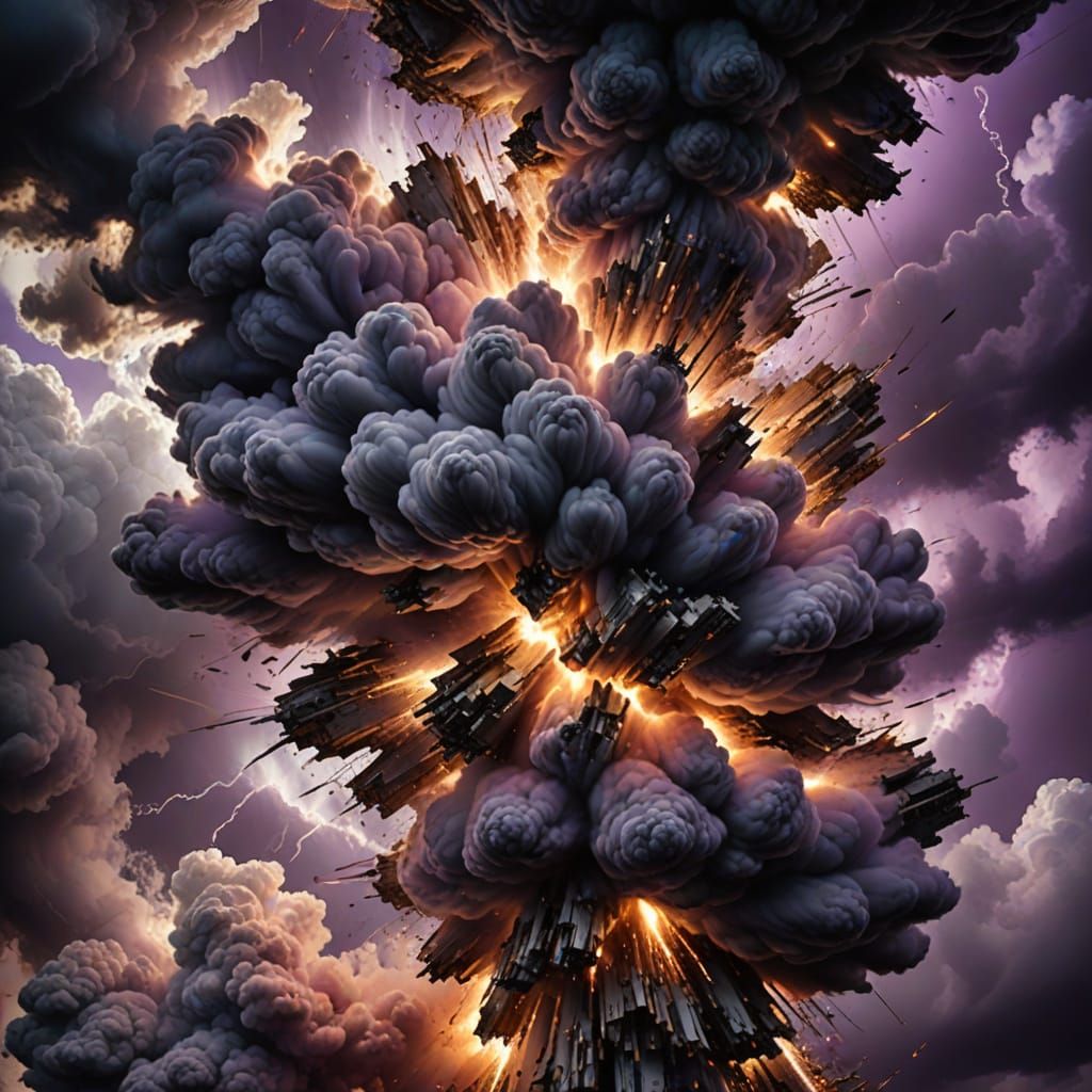 Metallic Beams Emerge from Explosion Under Purple Clouds