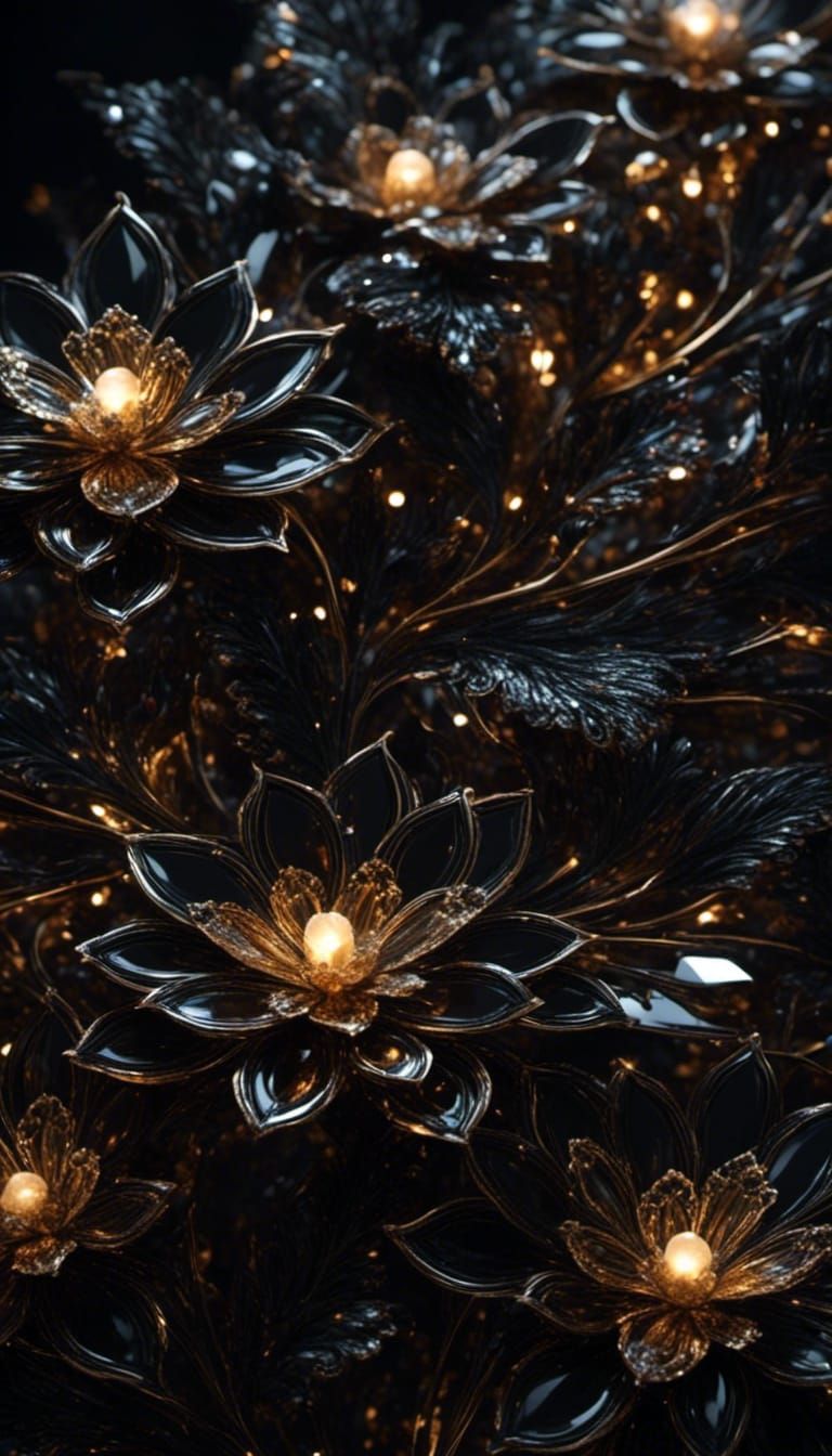 Black Glass Flowers with Onyx Fairy Lights