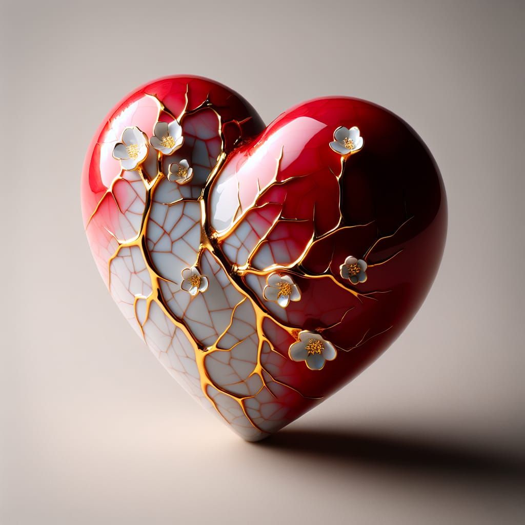 A Kintsugi Heart in Porcelain, with Vibrant Red and Copper A...