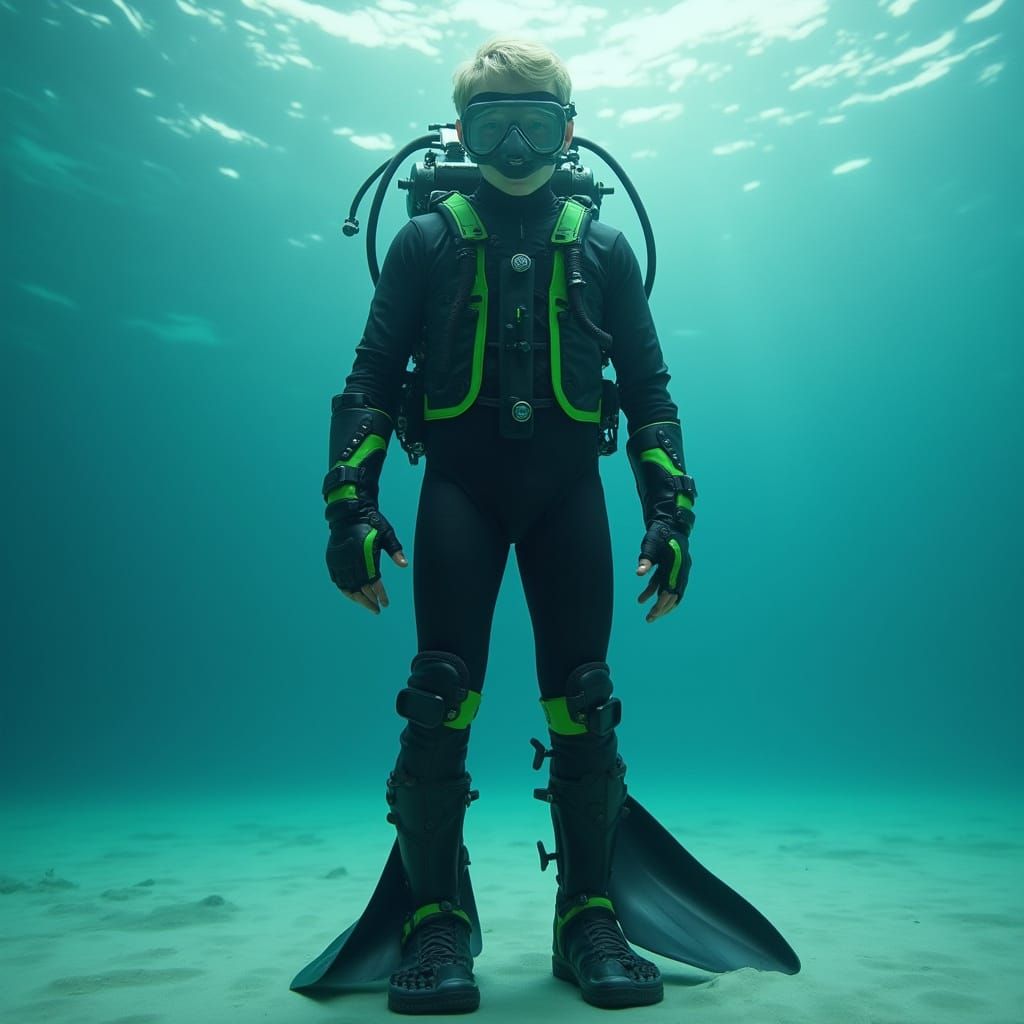 Teenage Diver in High-Tech Neoprene Suit Beneath Water's Sur...
