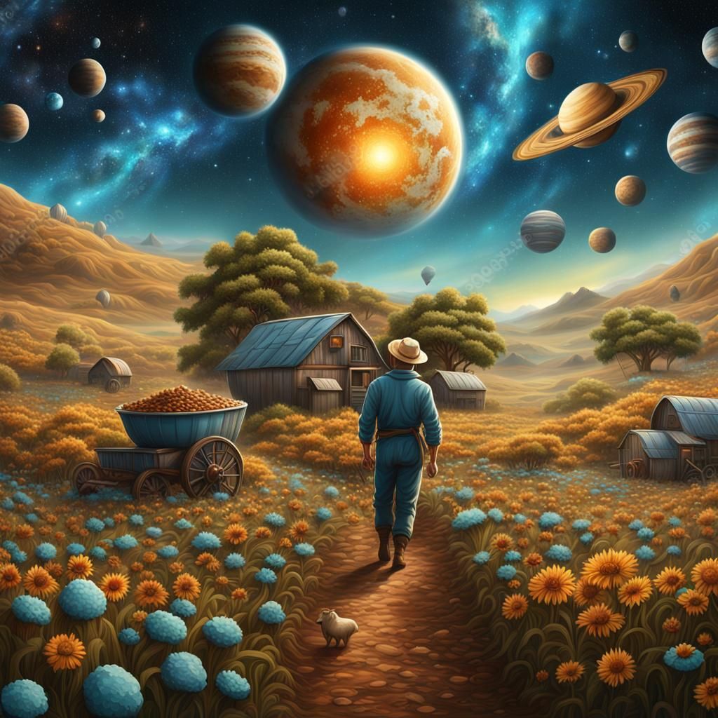 Surreal Landscape: Woman, Farm, and Galaxy Sky
