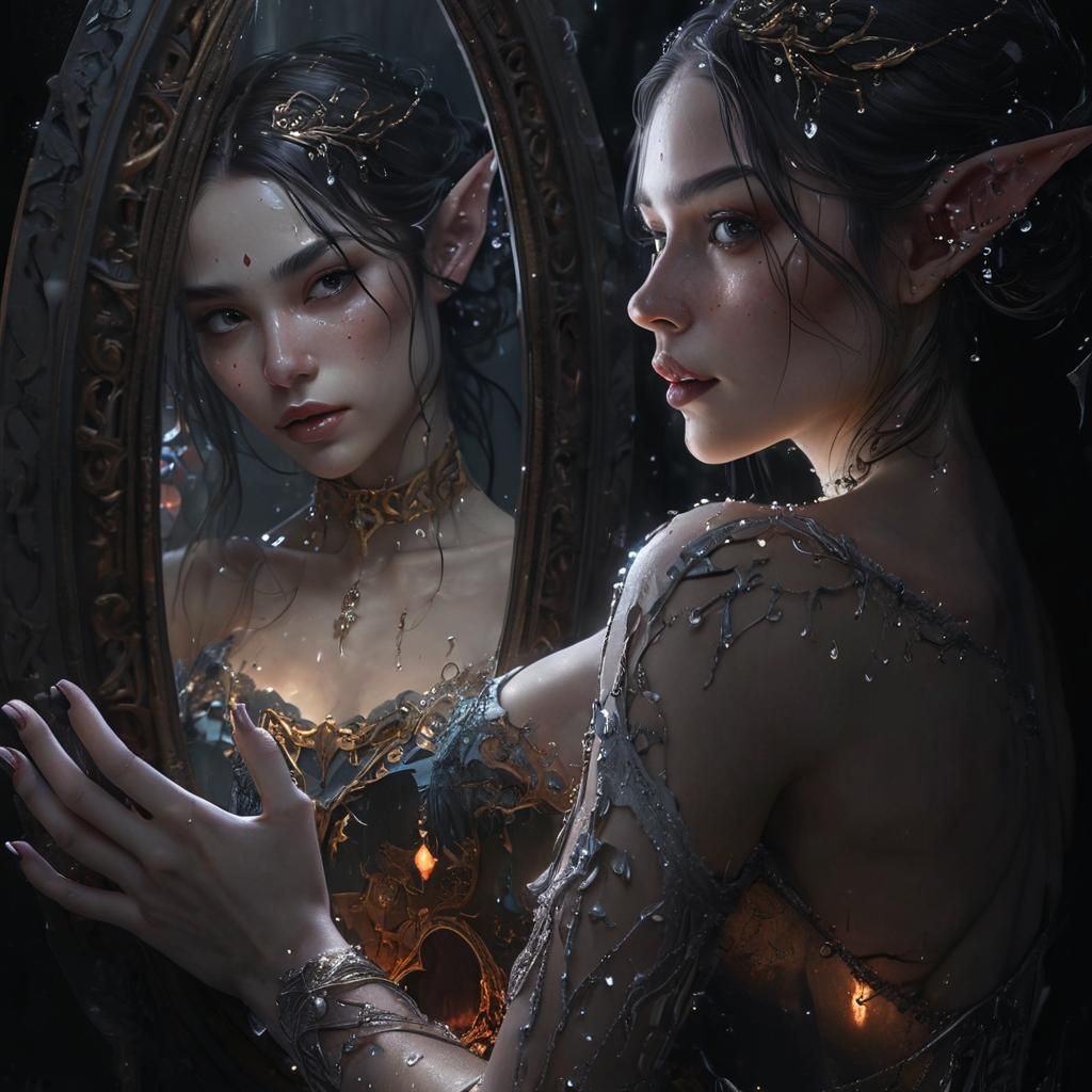 Demonic Girl in Mystical Mirror Reflection