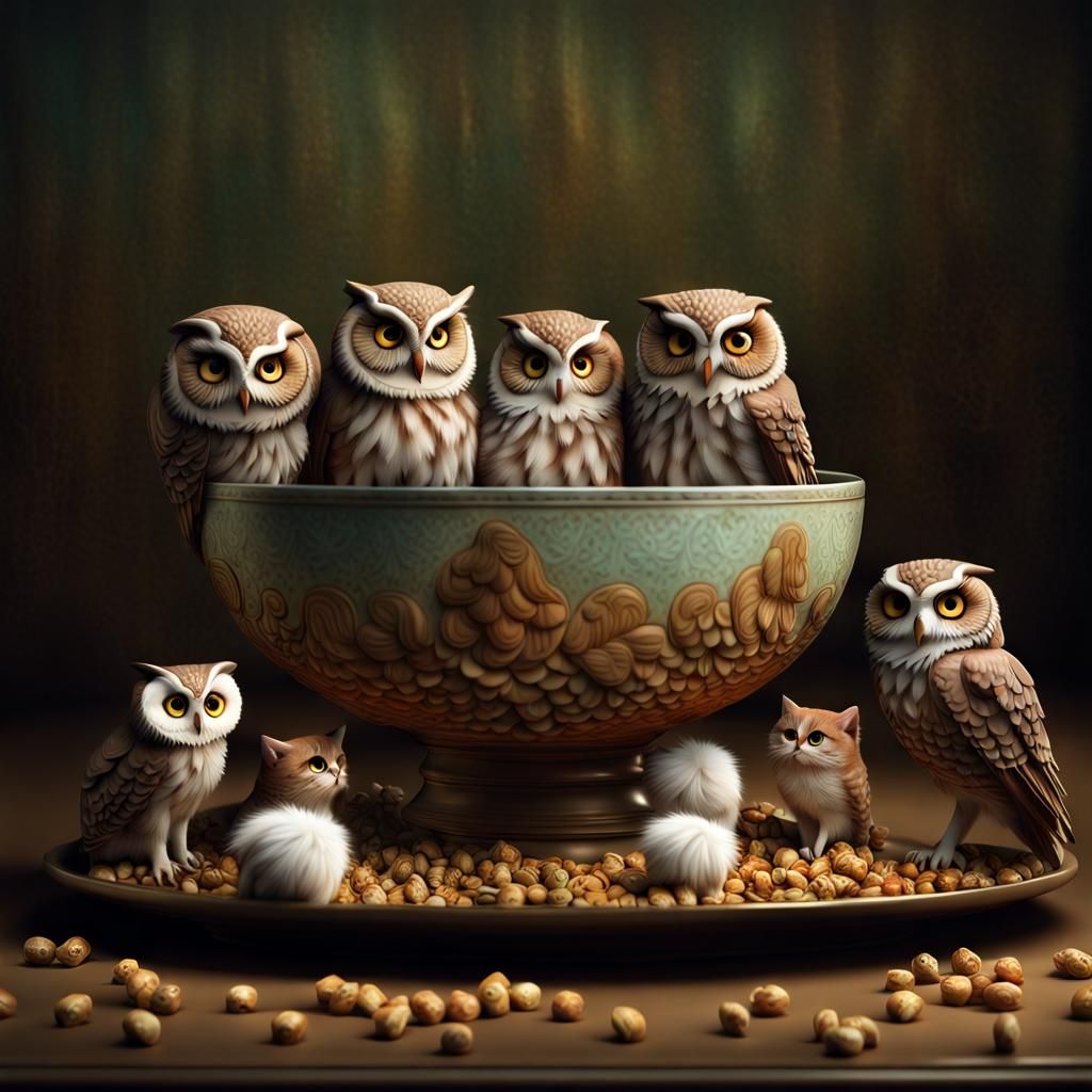 Surreal 3D Owl-Cat Hybrids Feast