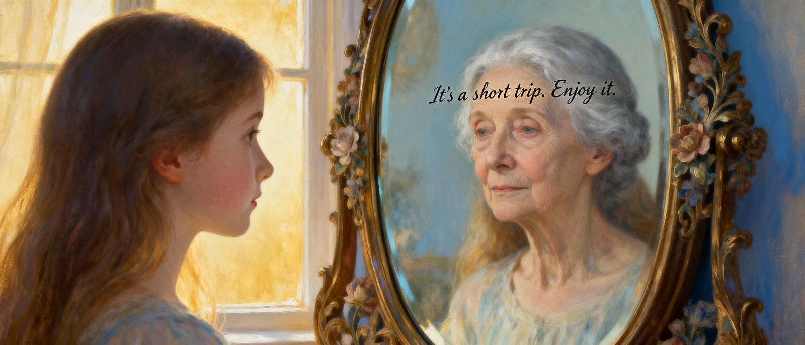 Girl Sees Future Self in Ornate Mirror, Painterly Style