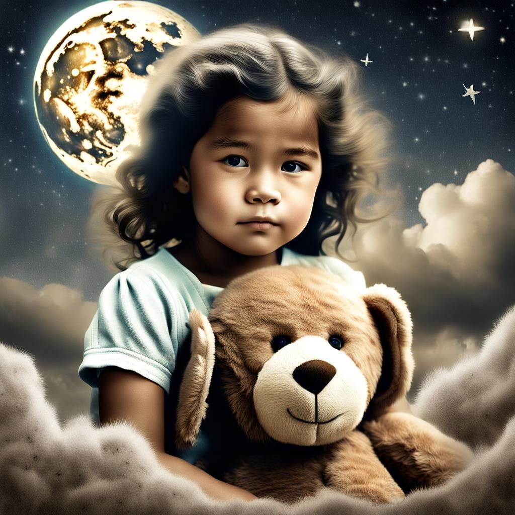 Polynesian Woman and Teddy Bear on the Moon