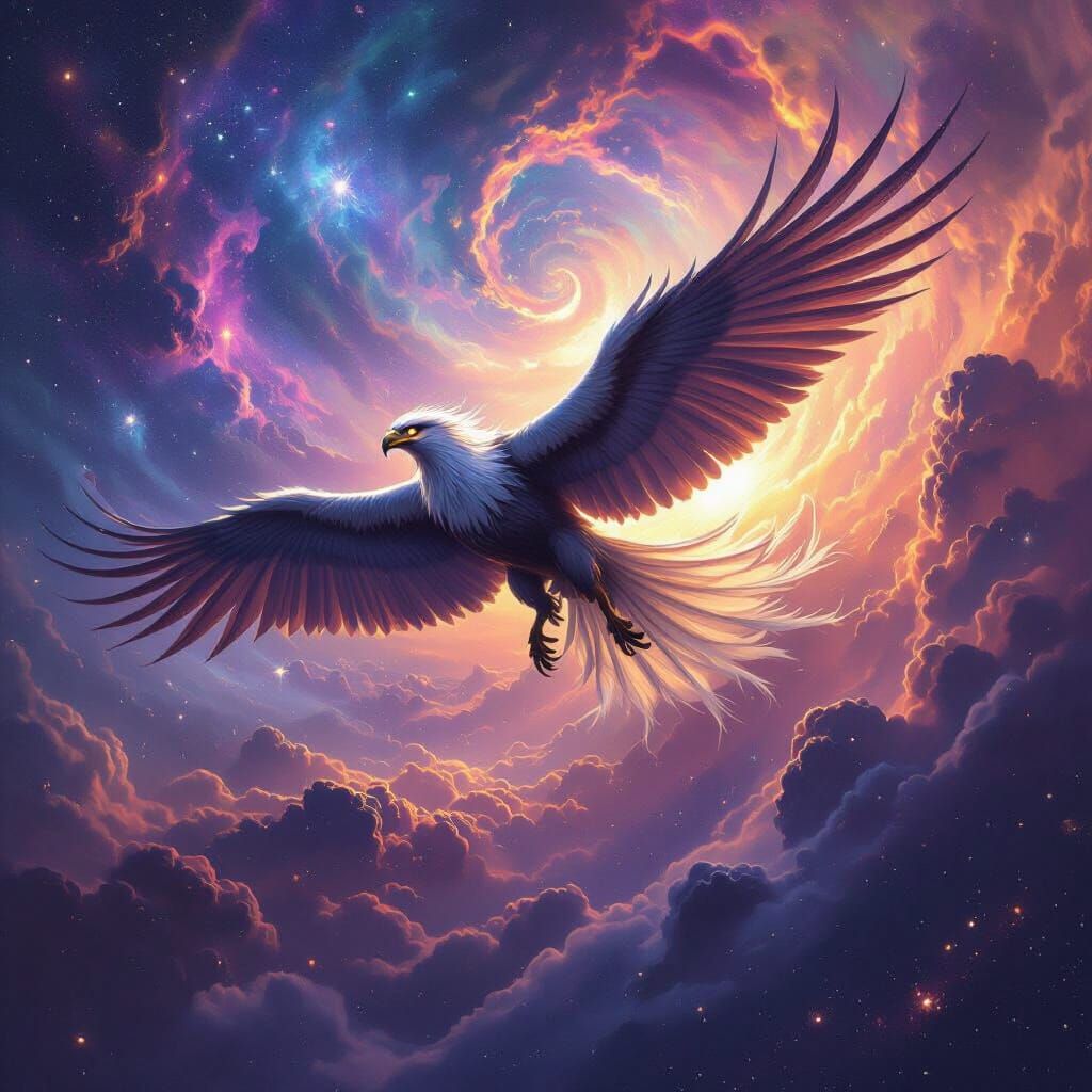 Majestic Griffin Soaring Through Cosmic Nebula Sky