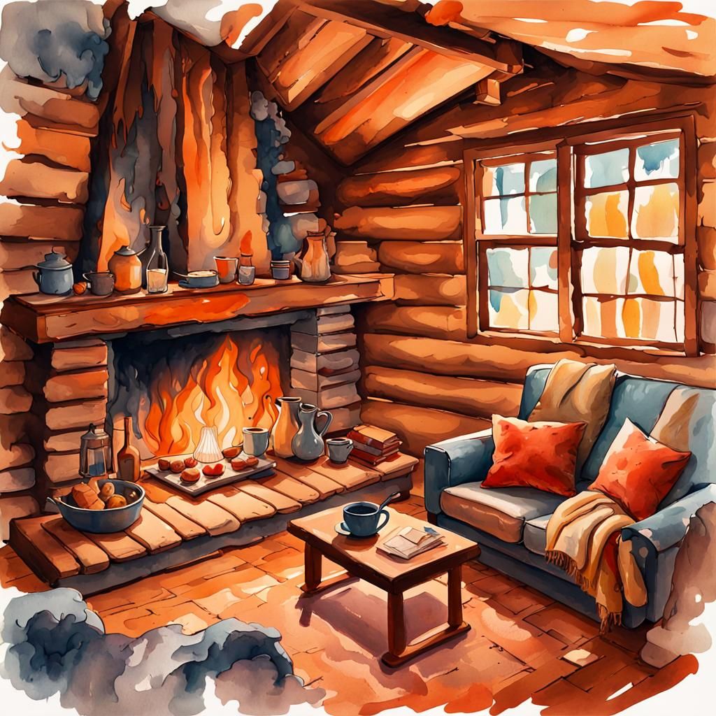 Cozy Cabin Interior in Impressionist Watercolor Style