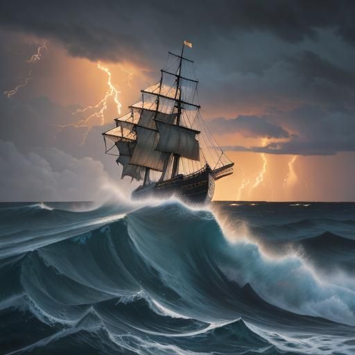 Ship Battles Stormy Sea: Oil Painting