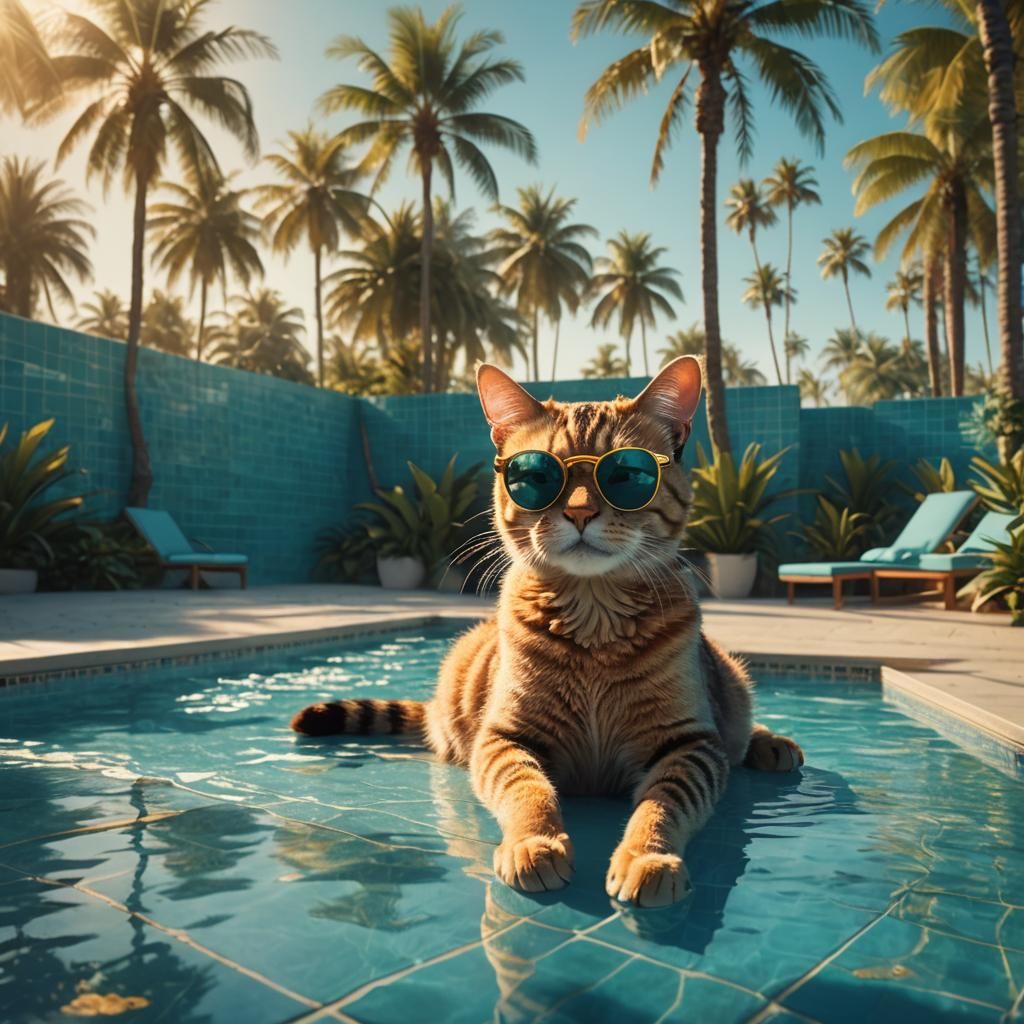 Cat with Sunglasses at Pool: Matte Painting