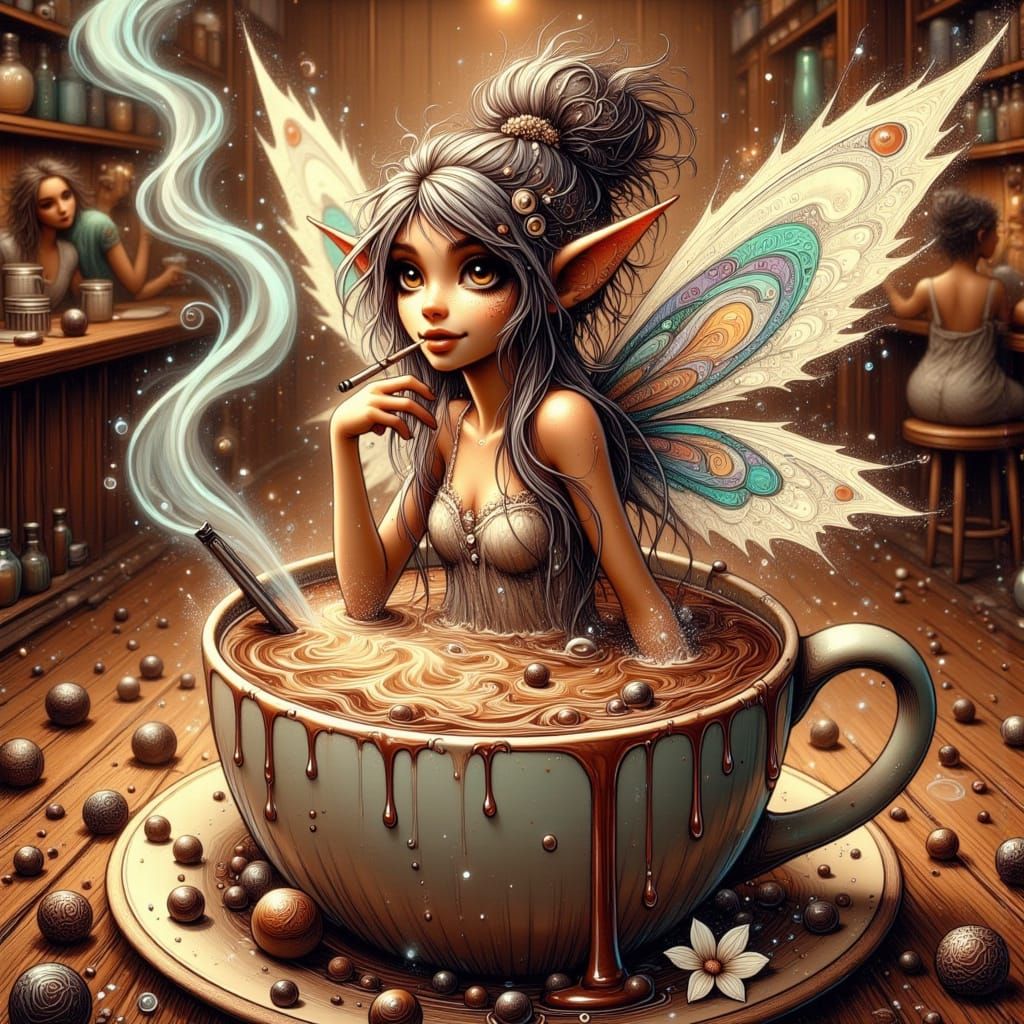 Pixie Swims in Coffee Cup, Neon Lighting