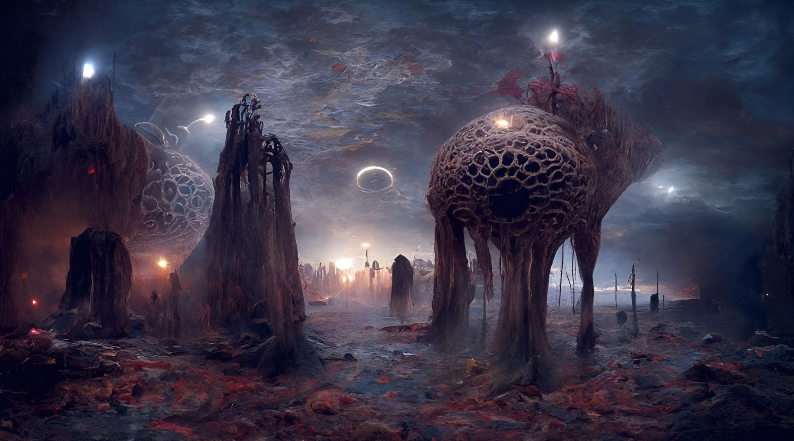 Alien Creatures and Ruins in Sci-Fi Landscape