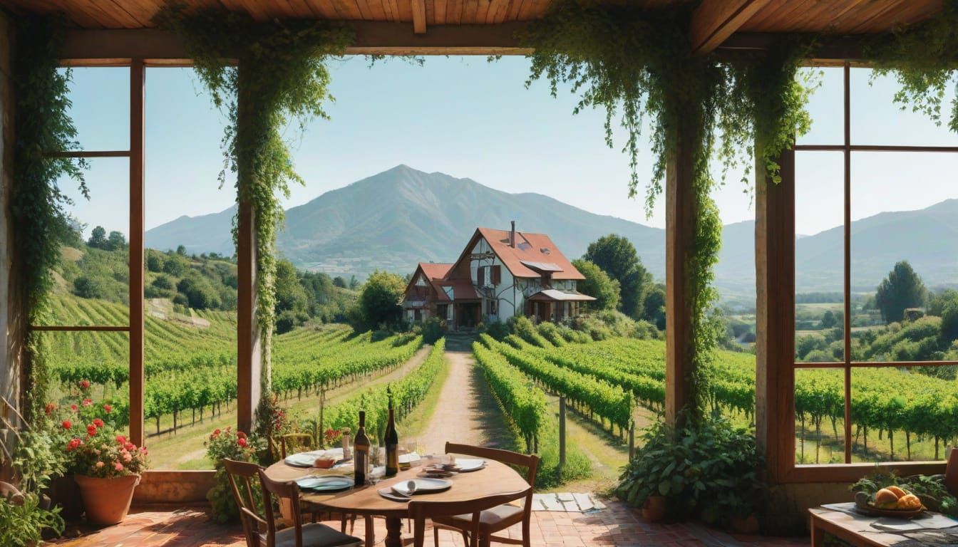 Ethereal Vineyard Cottage in Geometric Collage Style