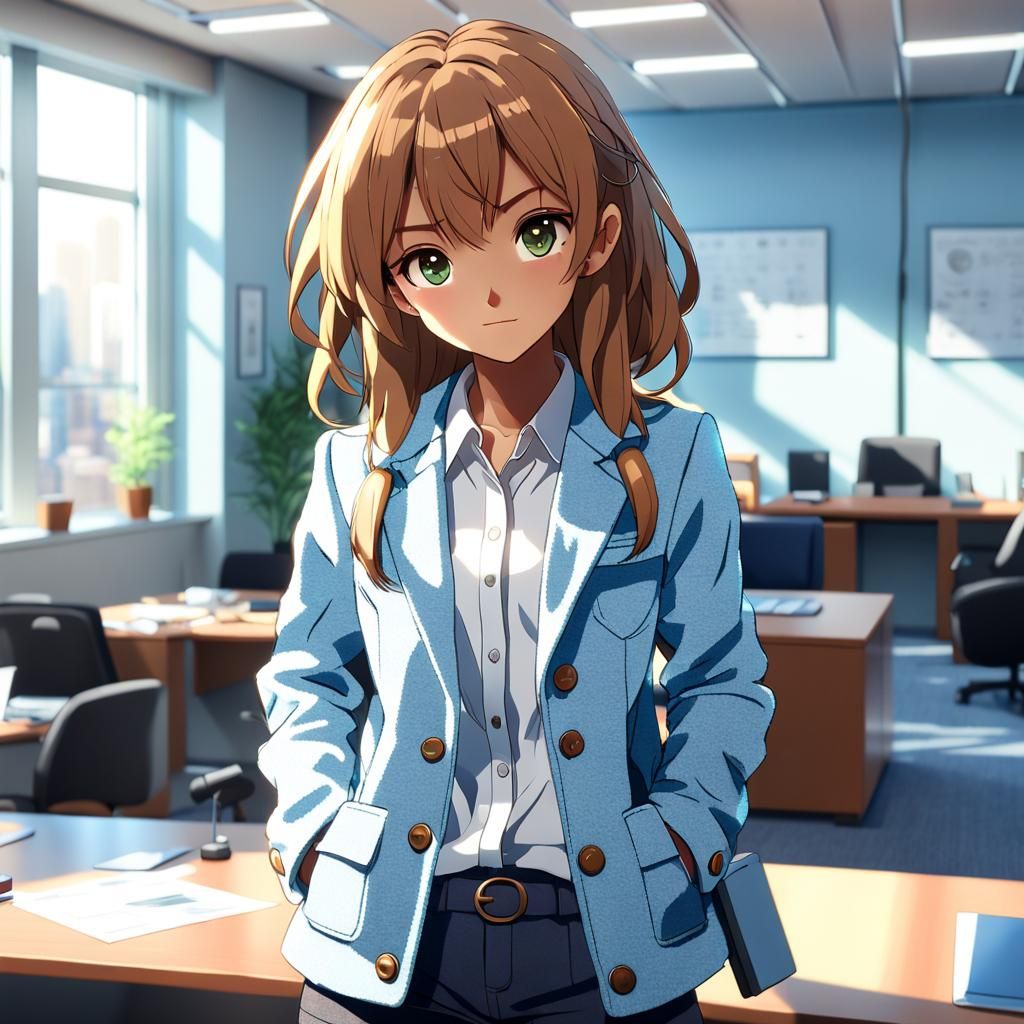 Anime Woman in Blue Tweed Jacket, Ghibli Style