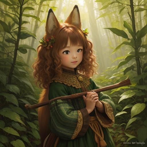 Fox-Eared Girl in Sunlit Forest: Folk Art