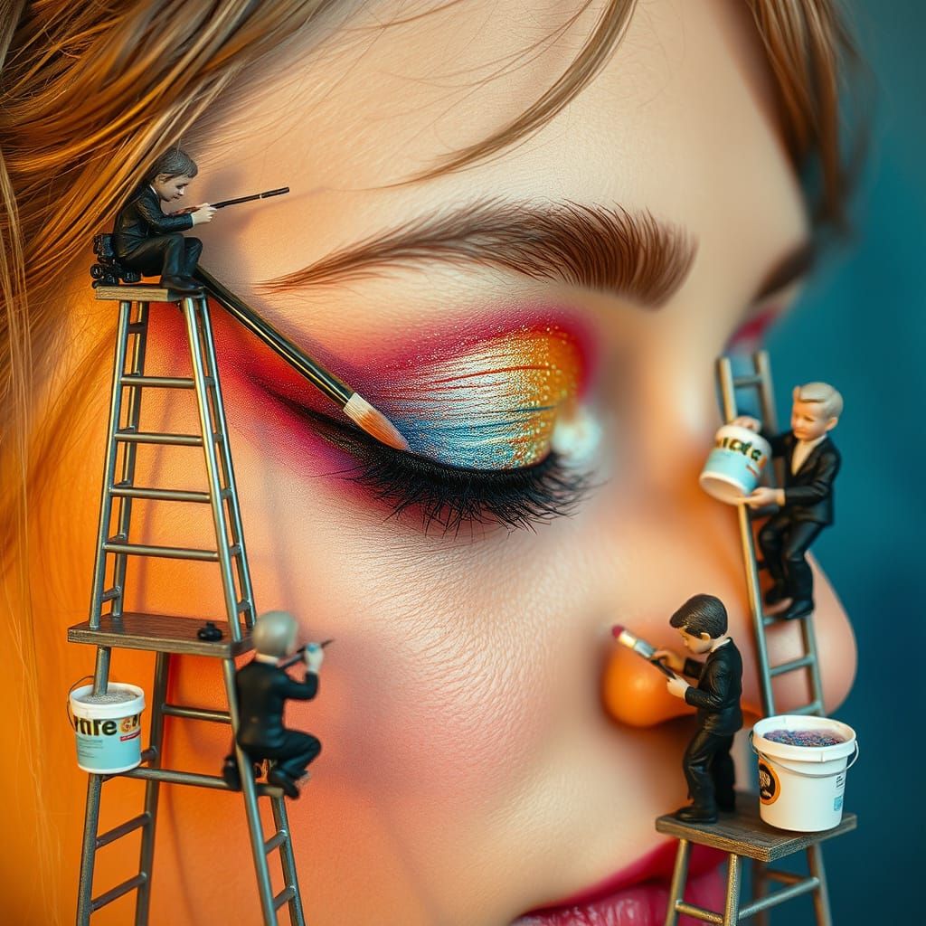 Surreal Makeup Mural: Tiny Painters on Giant Eyelid