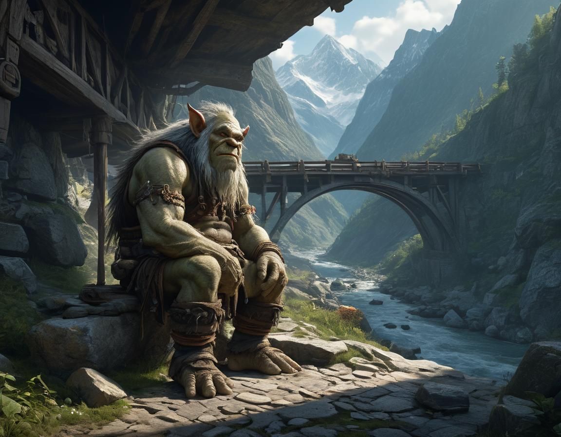 Old Norse Troll sitting under a bridge waitib for a caravan of tradesmen wagons in a high mountain pass bridge