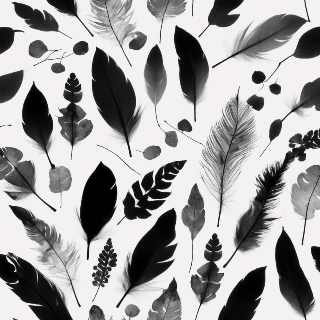 <lora:BWandReds:1.0> bird photogram, rayograph, leaves, feat...