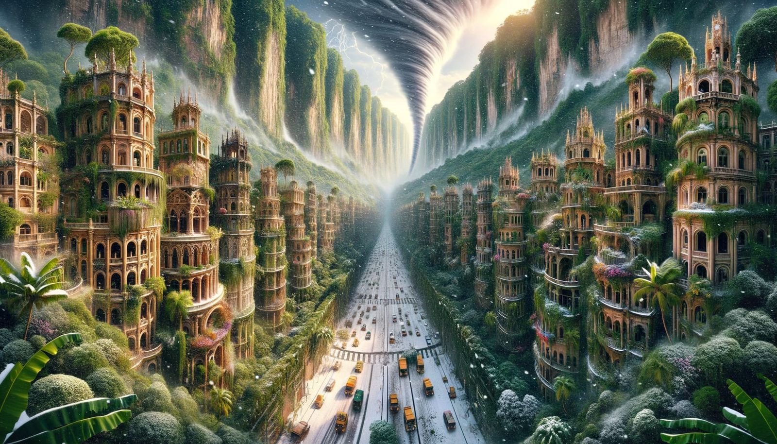 Tropical Gothic City Under Siege by Winter Storm