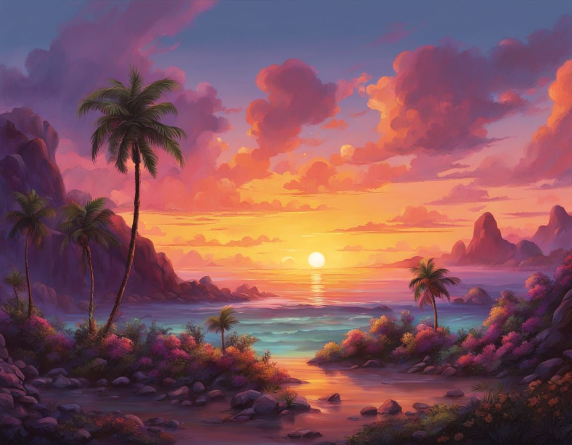 Tropical Island Sunset Serenity in Studio Ghibli Style
