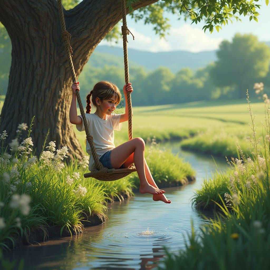 Young Girl Soars on Rope Swing Above Serene Stream Scene